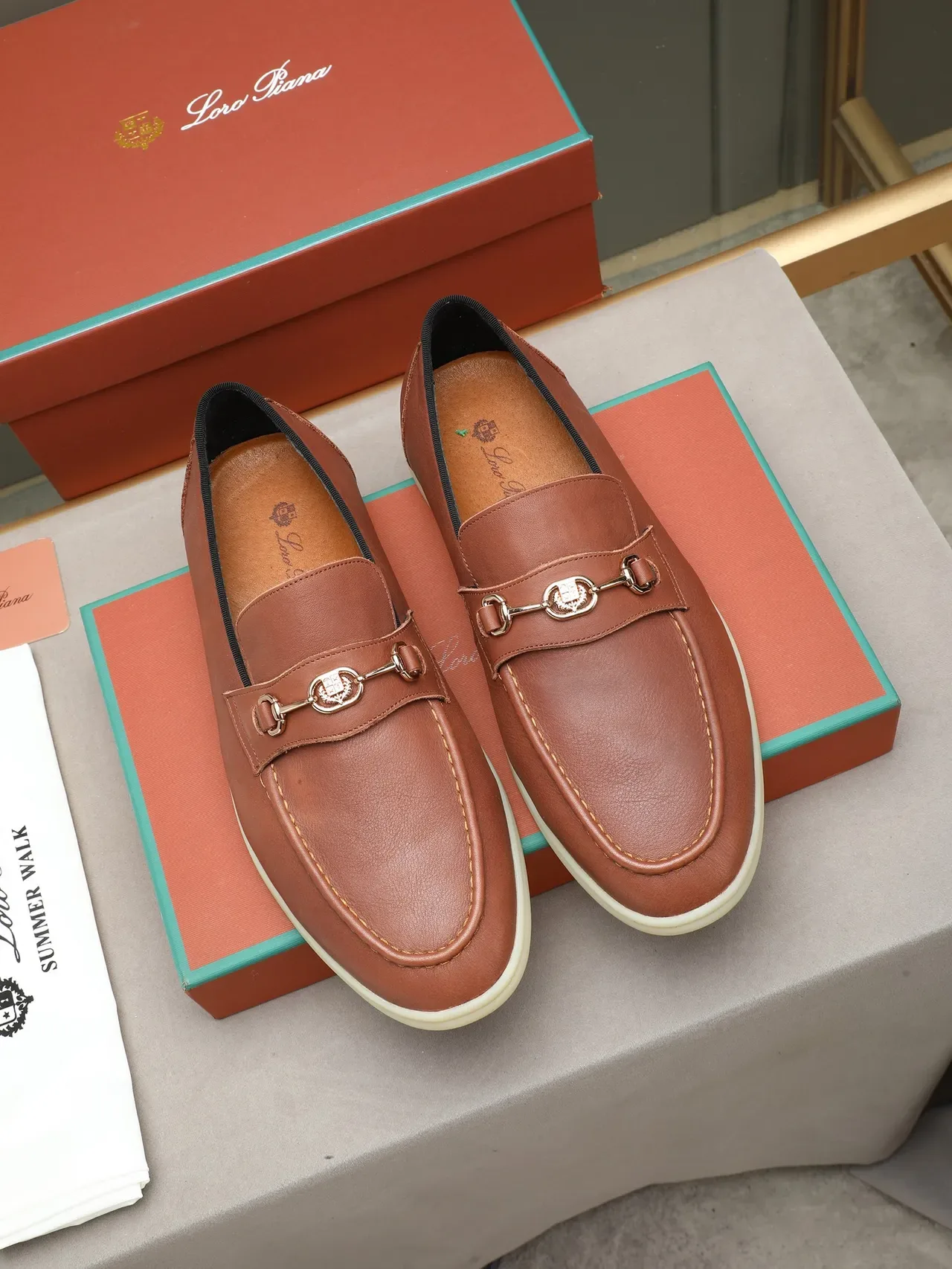Brown Beige Leather Horsebit Strap Loafer 2