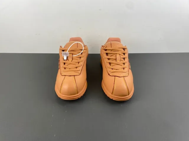 Brown Beige Tan Leather Upper Contrast Yellow Stitching Sneakers 11