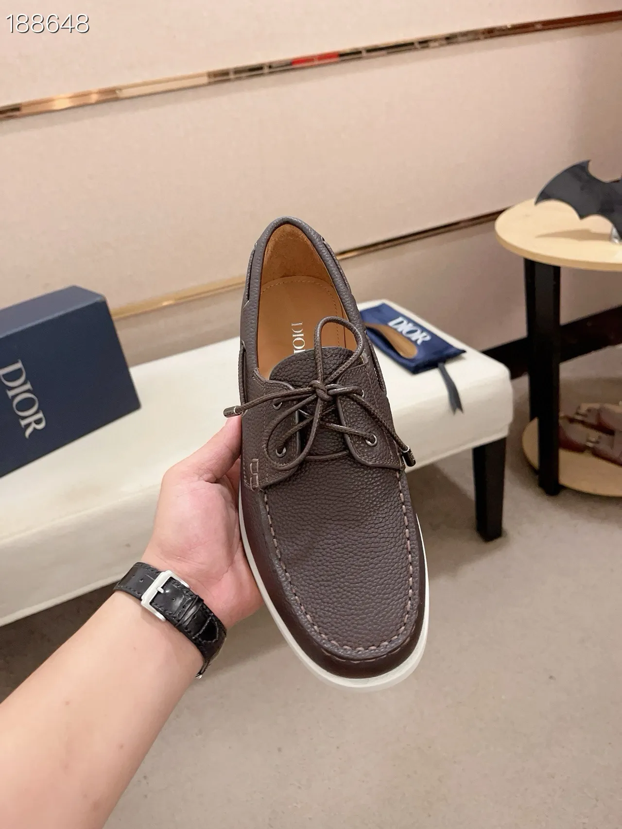 বাদামি সাদা pebble চামড়া Moc-Toe সেলাই boat জুতা 4