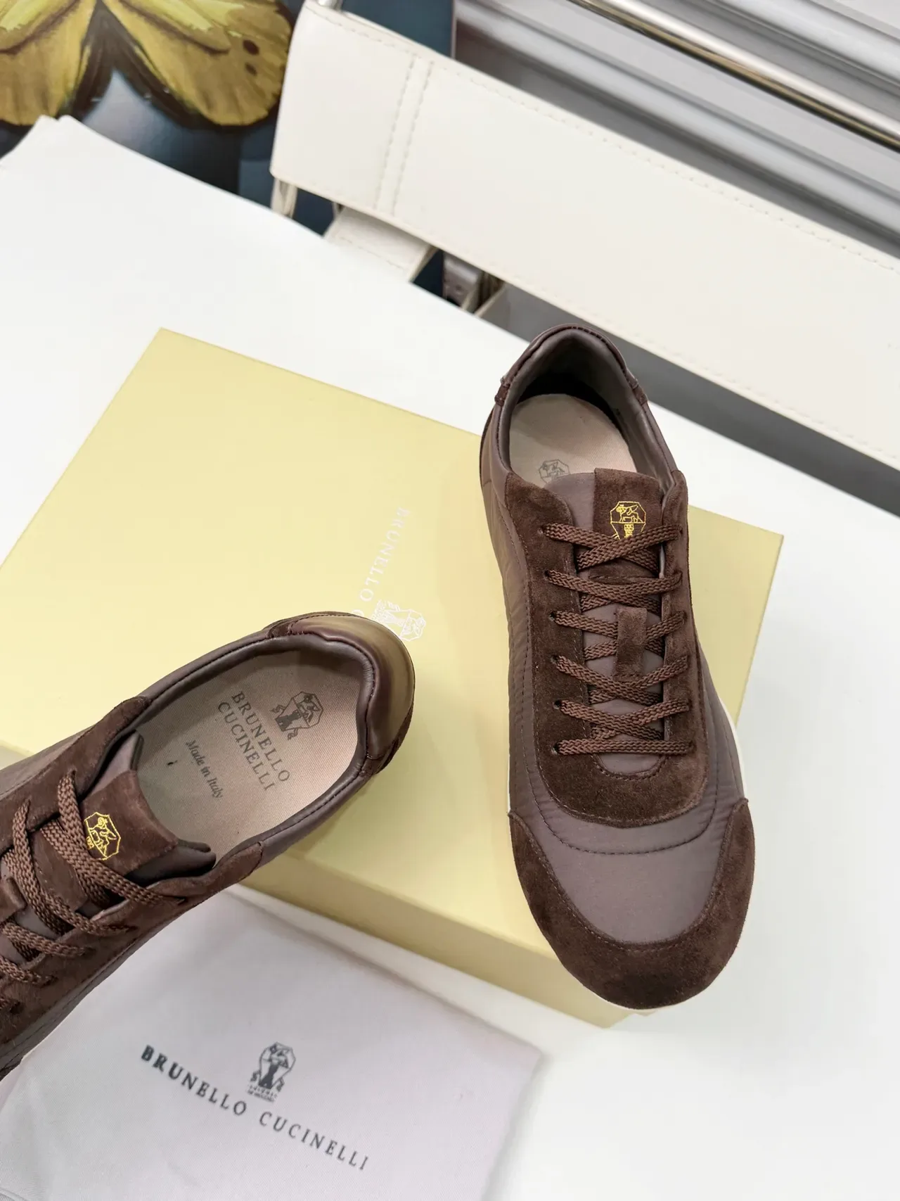 Brunello Cucinelli Baskets Lifestyle Marron Daim et Textile Low Top 3