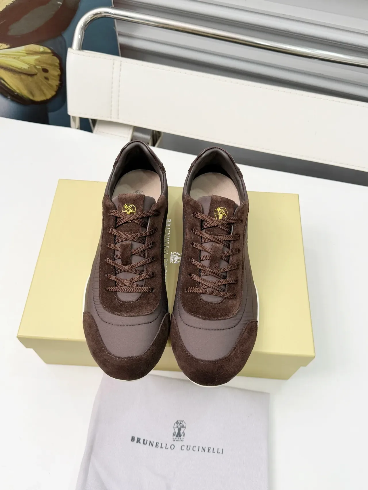 Brunello Cucinelli Baskets Lifestyle Marron Daim et Textile Low Top 5