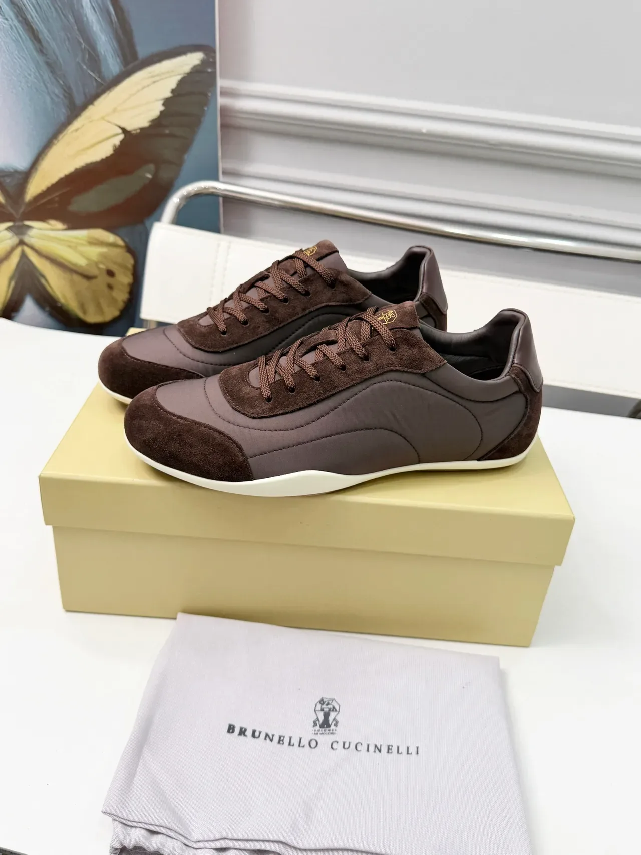 Brunello Cucinelli Baskets Lifestyle Marron Daim et Textile Low Top 6