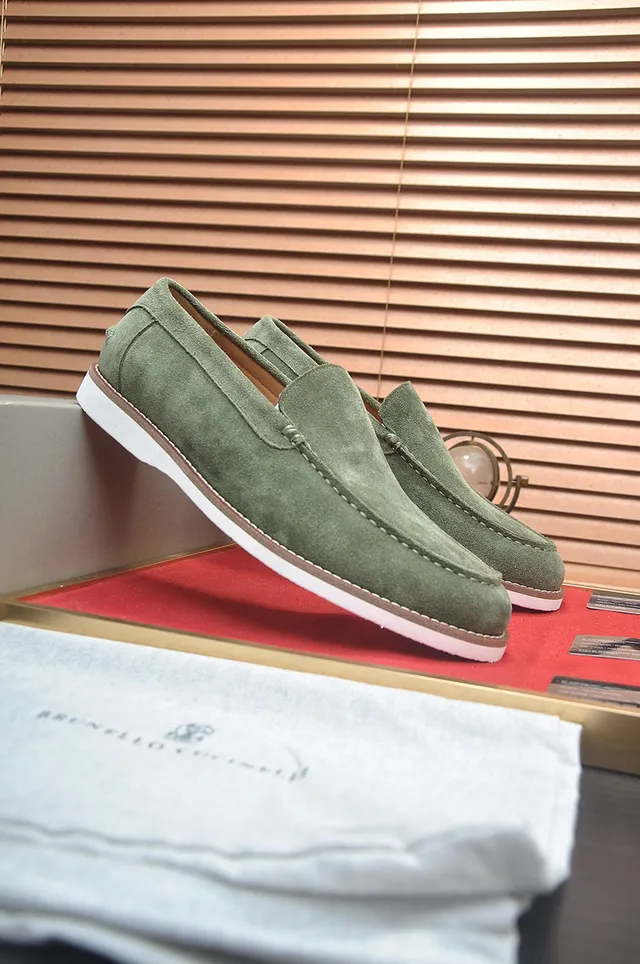Brunello Cucinelli Verde Branco Camurça Superior Moc-Toe Costura Mocassim 3