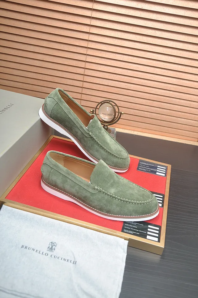 Brunello Cucinelli Verde Branco Camurça Superior Moc-Toe Costura Mocassim 6