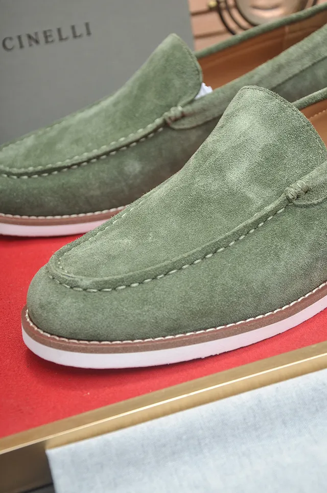Brunello Cucinelli Verde Branco Camurça Superior Moc-Toe Costura Mocassim 8