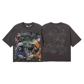 Camiseta oversize gris carbón con estampado de calavera de pedrería