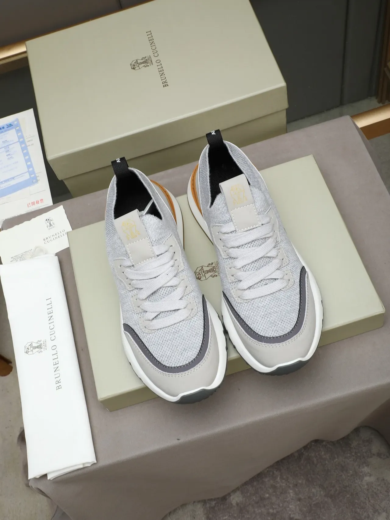 Cinelli Gray Beige Knit Upper Sculpted Midsole Sneakers 2