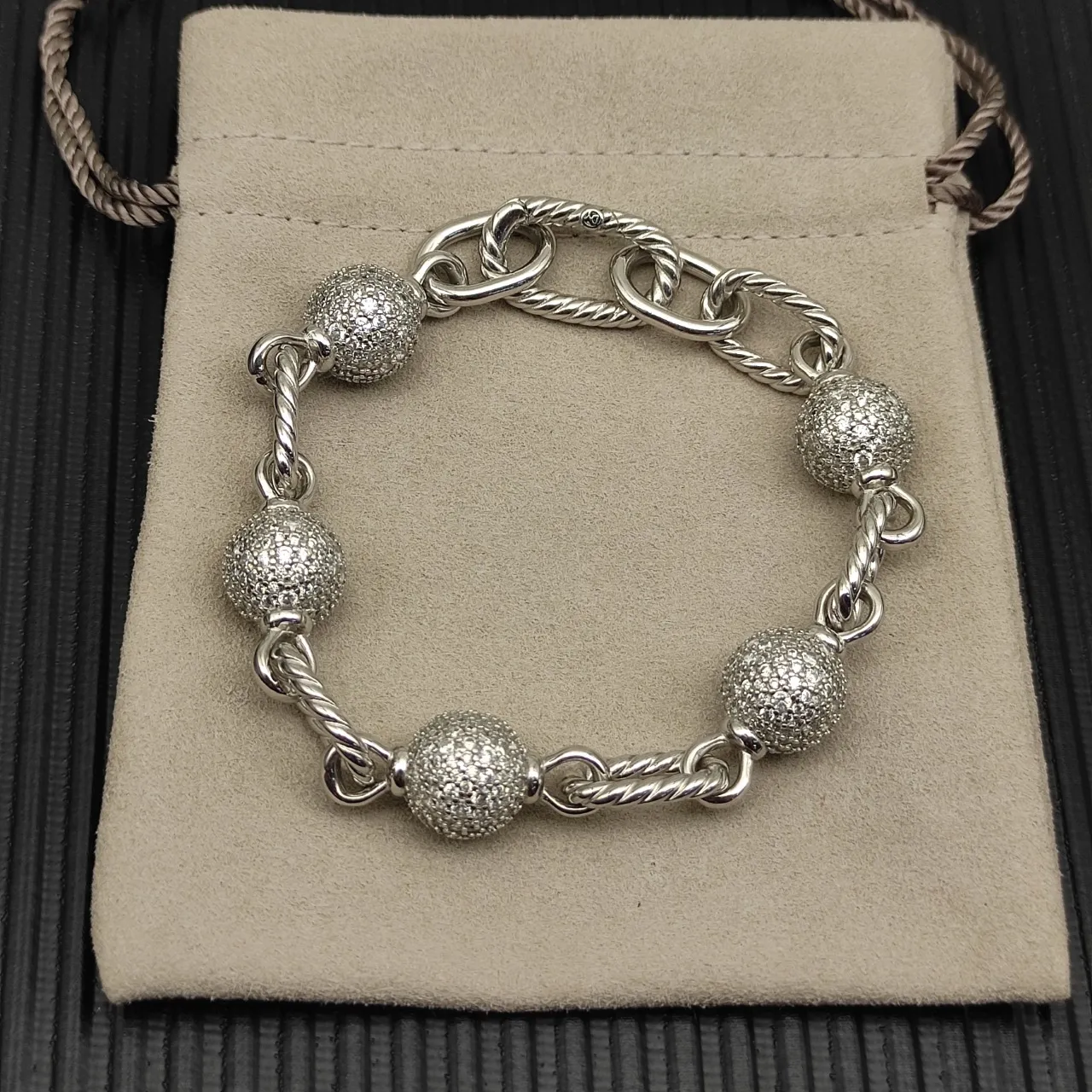David Yurman Cable Collection Twisted Link and Pavé Bead Bracelet 10