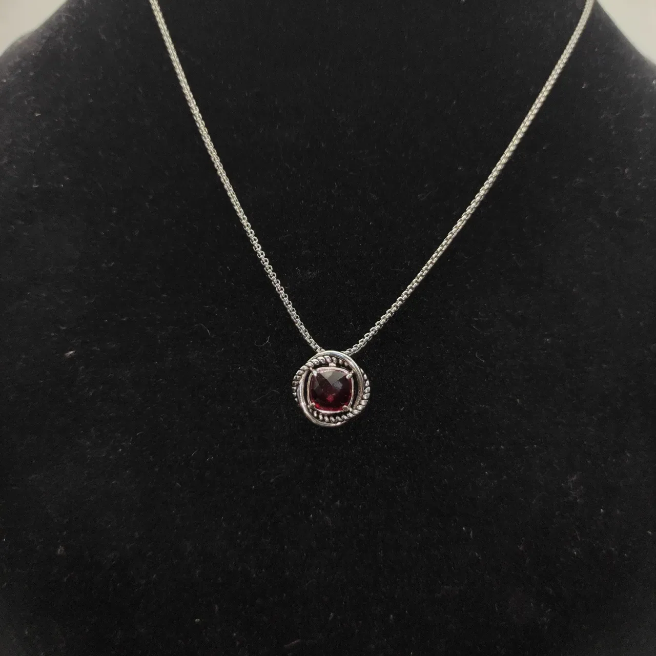 David Yurman Red Silver Circular Pendant Twisted Rope Bezel Necklace 5