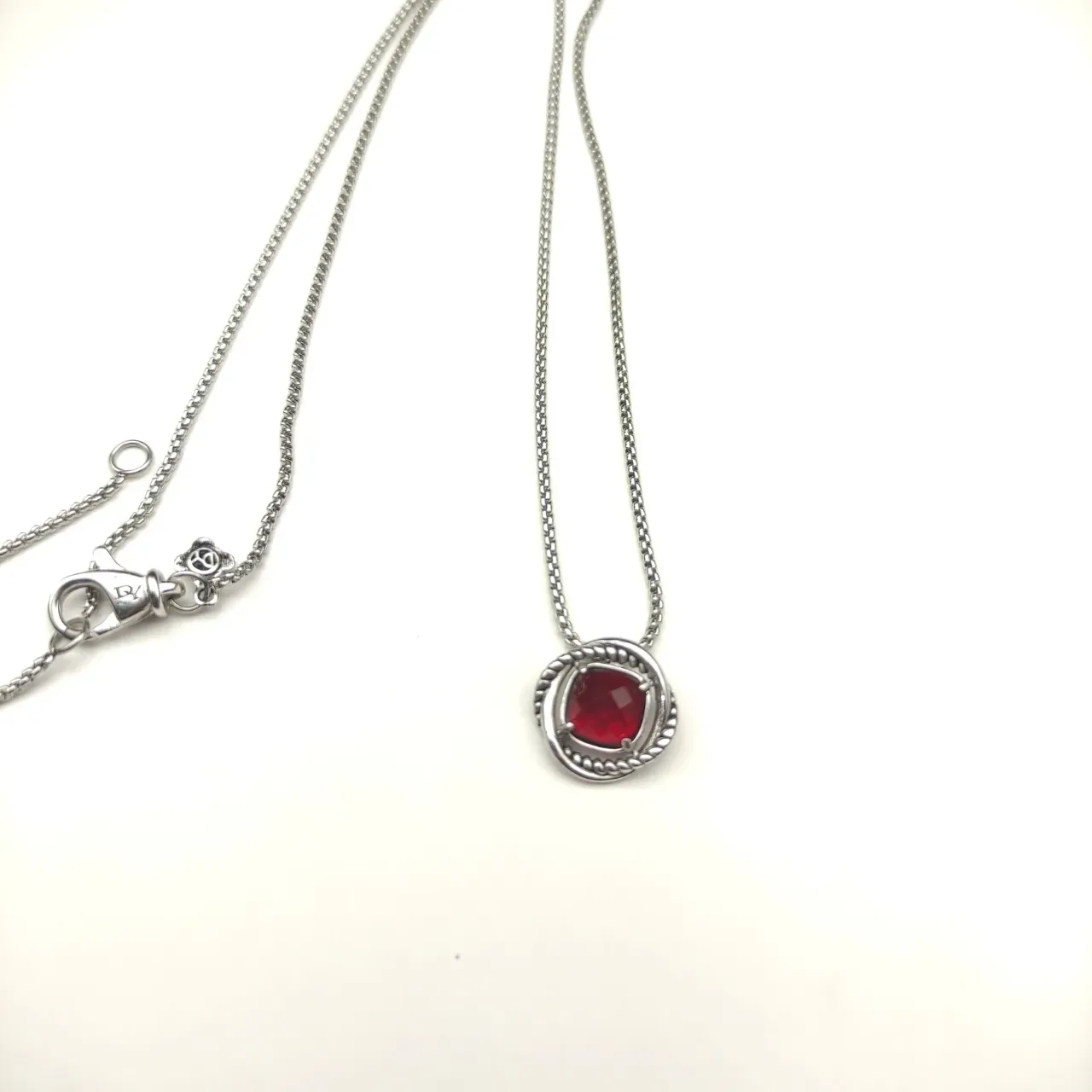 David Yurman Red Silver Circular Pendant Twisted Rope Bezel Necklace 9