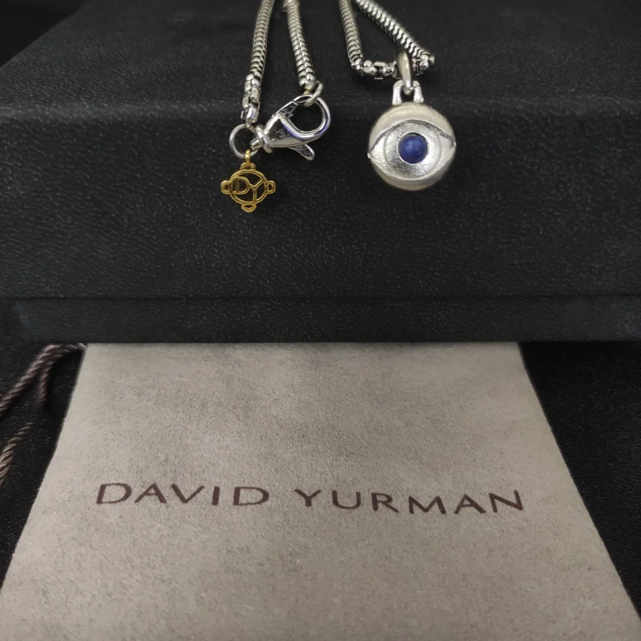 David Yurman Silver Blue Box Chain Evil Eye Pendant Necklace 7