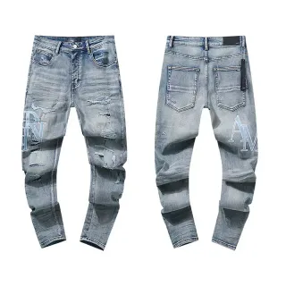 Distressed Graphic-Print Light-Wash Slim-Fit Jeans