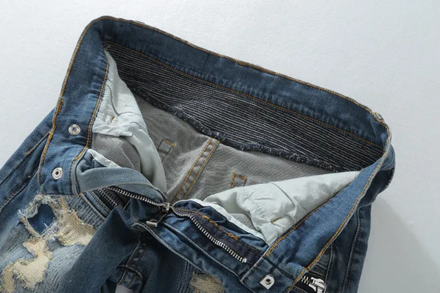 Distressed Moto-Panelled Zip-Pocket Slim Fit Blue Jeans 5