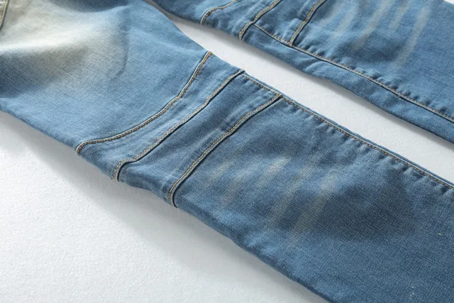 Distressed Moto-Panelled Zip-Pocket Slim Fit Blue Jeans 9