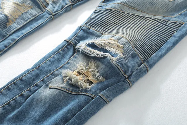 Distressed Moto-Panelled Zip-Pocket Slim Fit Blue Jeans 13