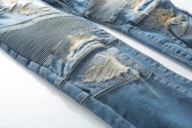 Distressed Moto-Panelled Zip-Pocket Slim Fit Blue Jeans 14