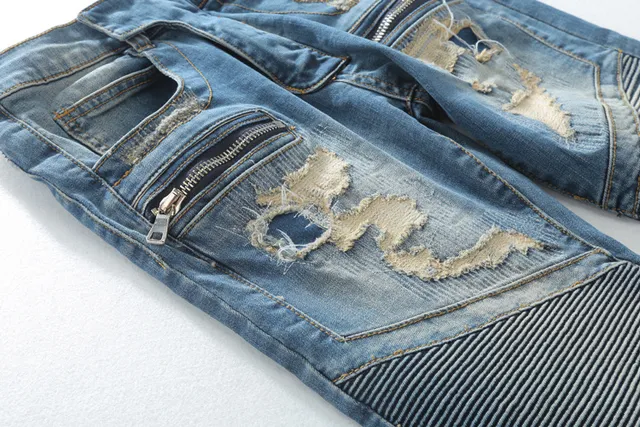 Distressed Moto-Panelled Zip-Pocket Slim Fit Blue Jeans 15