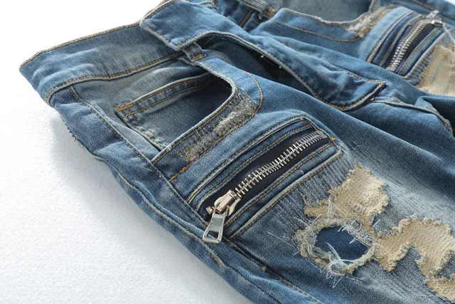 Distressed Moto-Panelled Zip-Pocket Slim Fit Blue Jeans 16