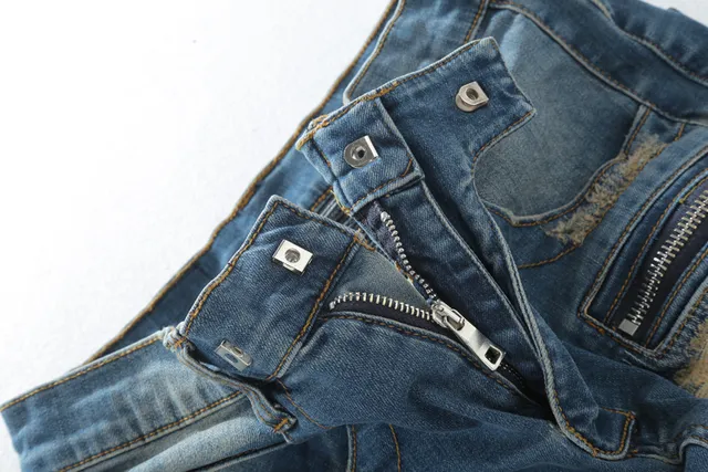 Distressed Moto-Panelled Zip-Pocket Slim Fit Blue Jeans 18