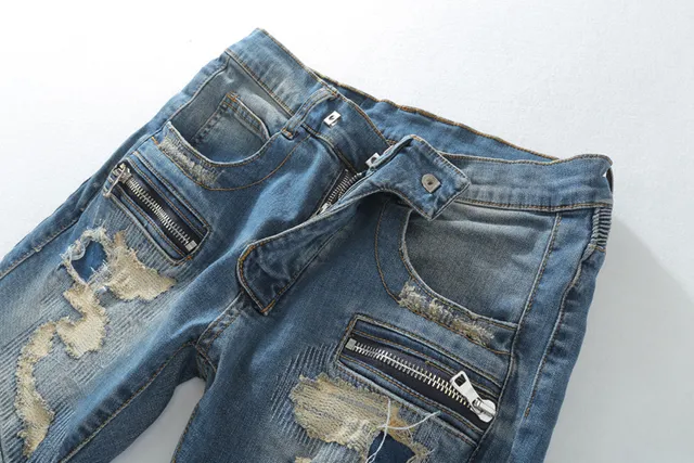 Distressed Moto-Panelled Zip-Pocket Slim Fit Blue Jeans 19