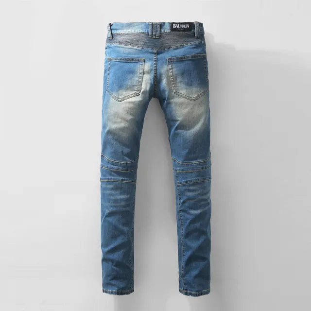 Distressed Moto-Panelled Zip-Pocket Slim Fit Blue Jeans 20