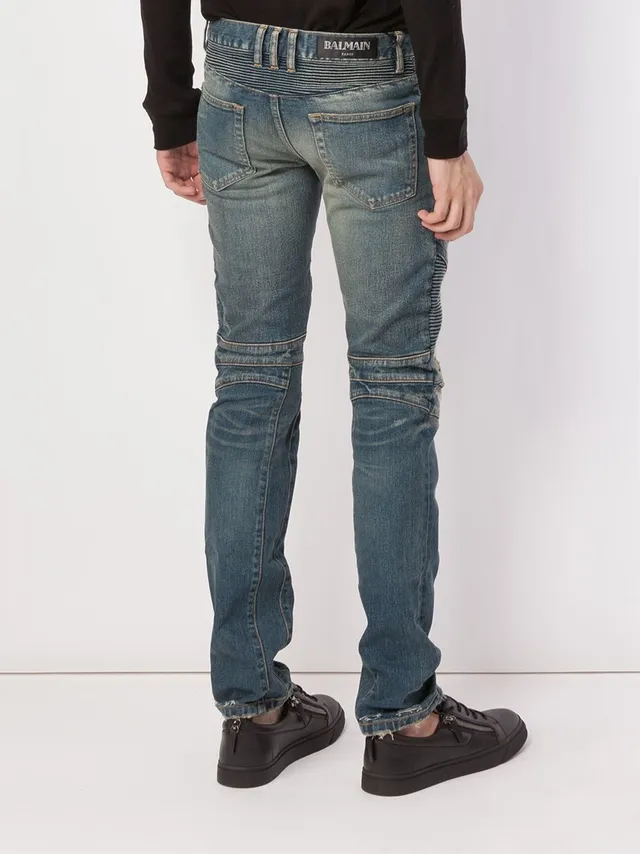 Distressed Moto-Panelled Zip-Pocket Slim Fit Blue Jeans 21