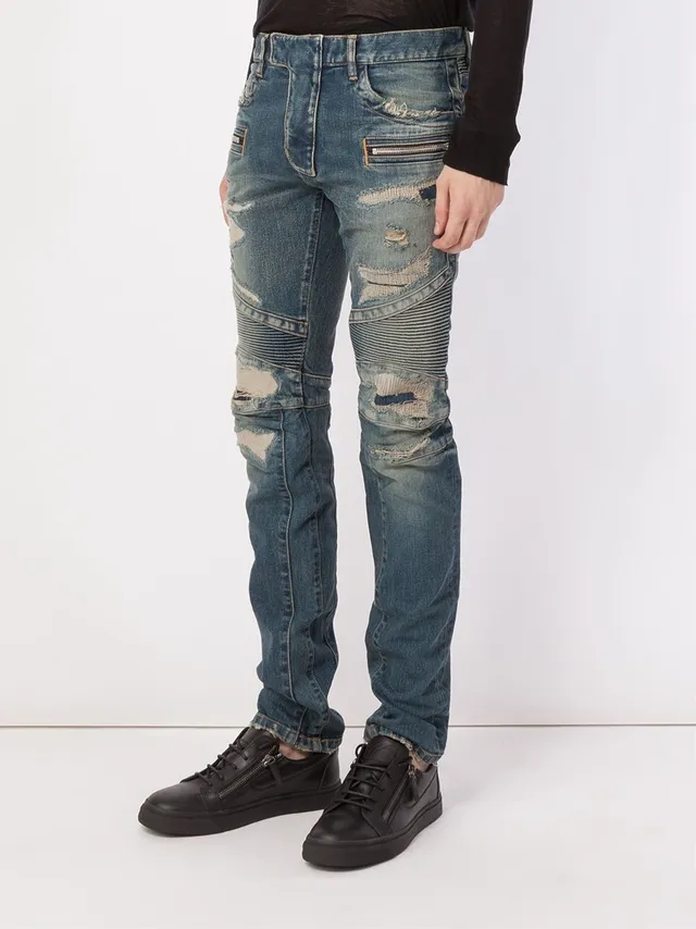 Distressed Moto-Panelled Zip-Pocket Slim Fit Blue Jeans 22