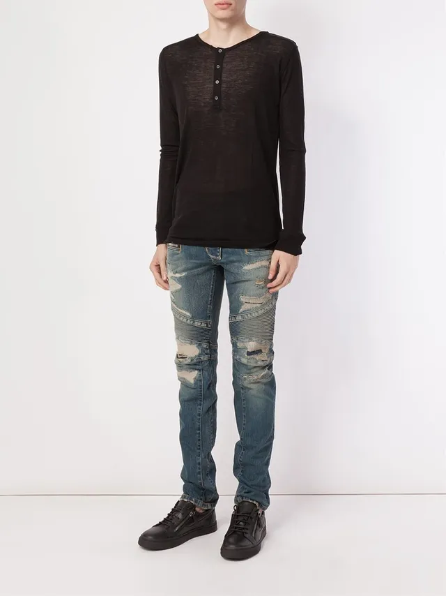 Distressed Moto-Panelled Zip-Pocket Slim Fit Blue Jeans 23