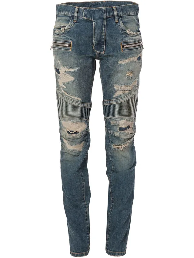 Distressed Moto-Panelled Zip-Pocket Slim Fit Blue Jeans 24