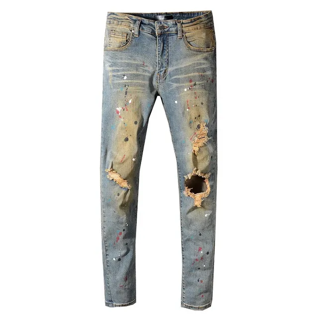 Jean bleu slim-fit distressed avec éclaboussures de peinture 3