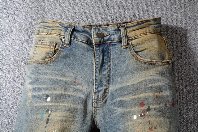 Jean bleu slim-fit distressed avec éclaboussures de peinture 4