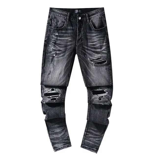 Jeans pretos slim-fit desgastados rasgados desbotados 2