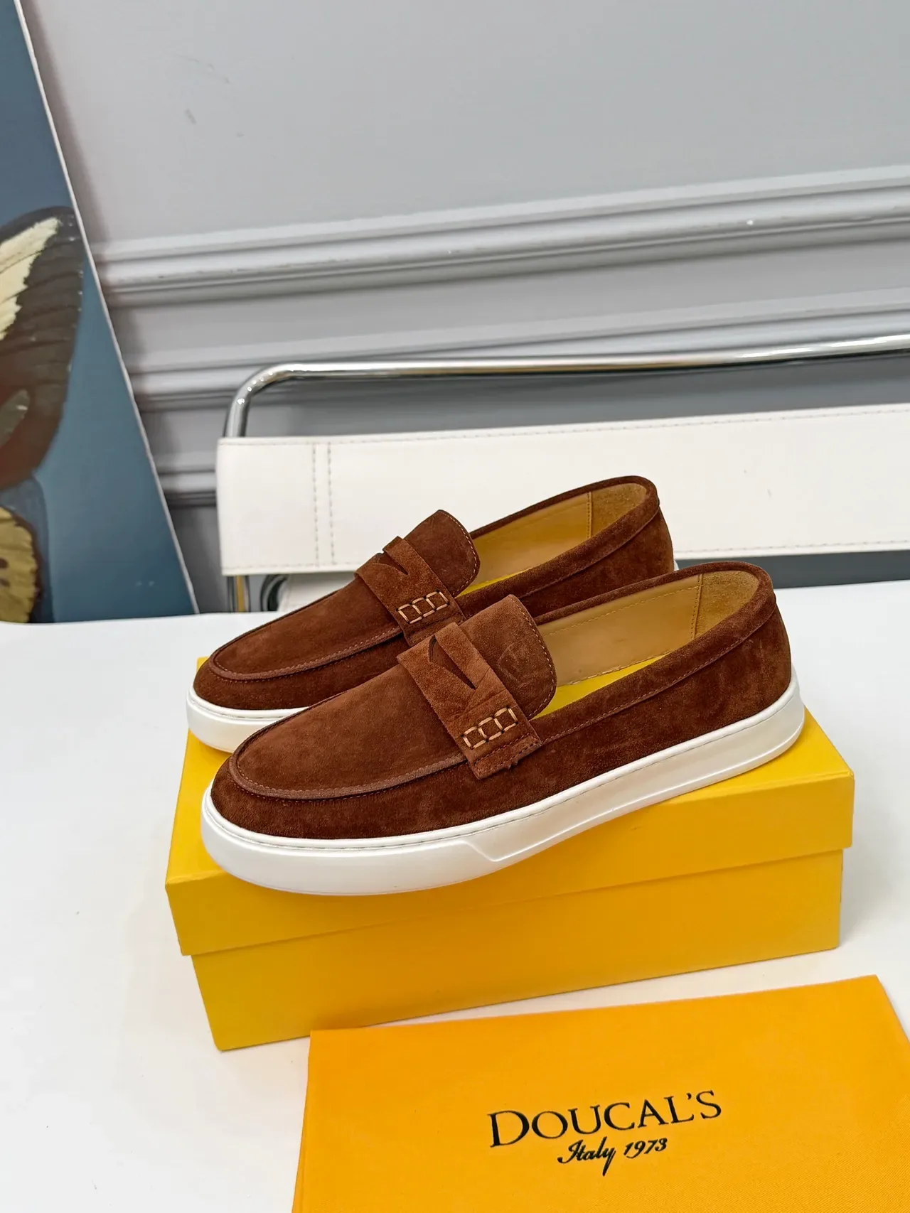 DOUCAL'S Brown White Suede Upper Penny Strap Loafer 4