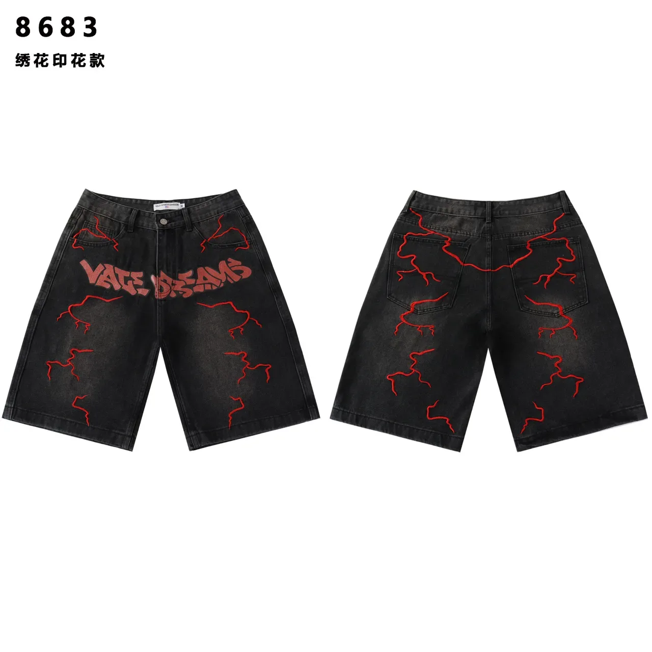 Shorts de Denim con Gráfico de Rayo Bordado 2