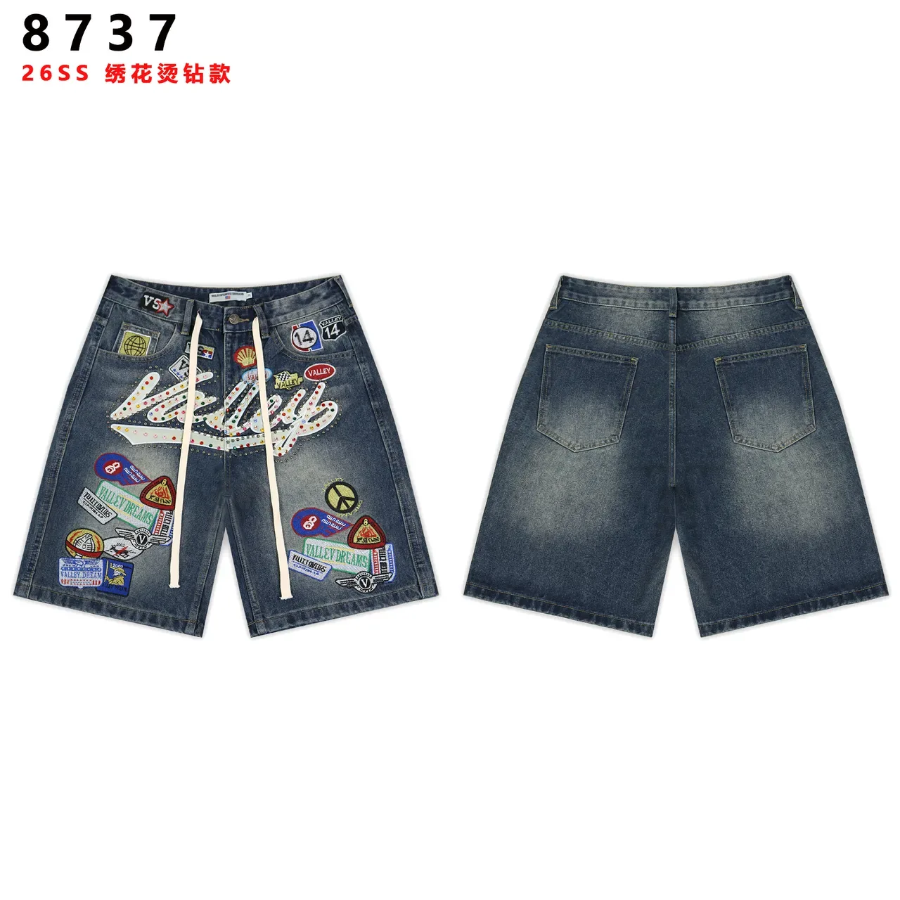 Shorts de Denim con Bordado, Patchwork y Cintura con Cordón 3