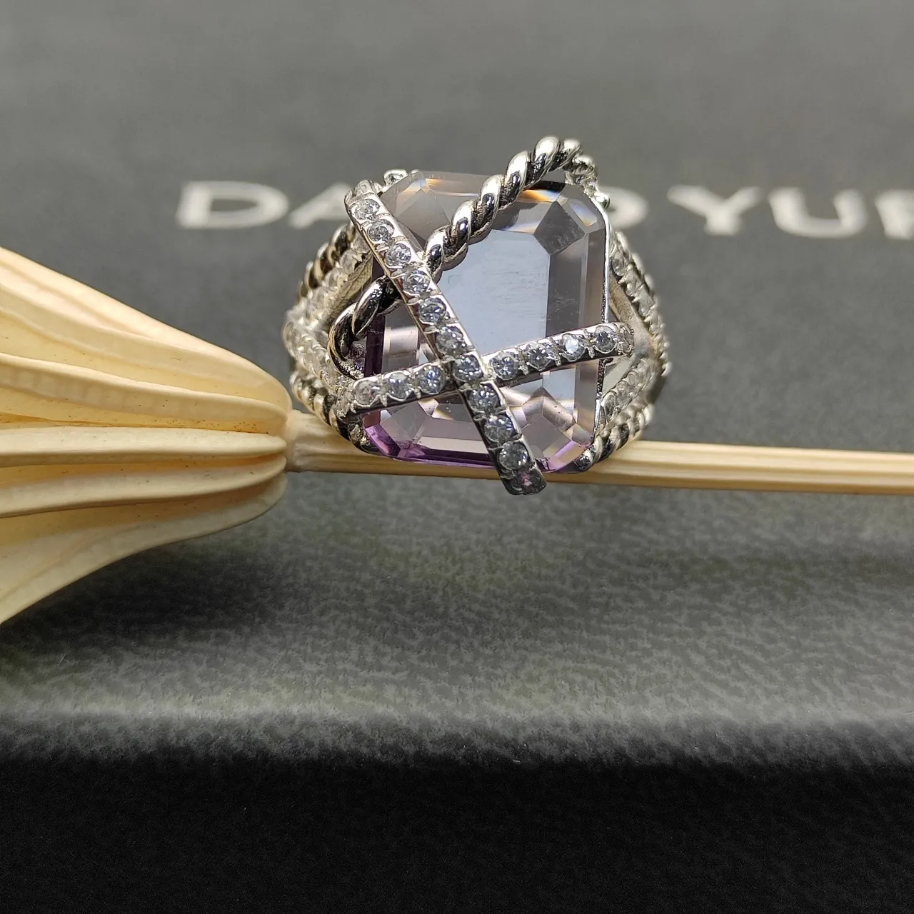 Faceted Purple Gemstone Crisscross Diamond Rope Motif Ring 2