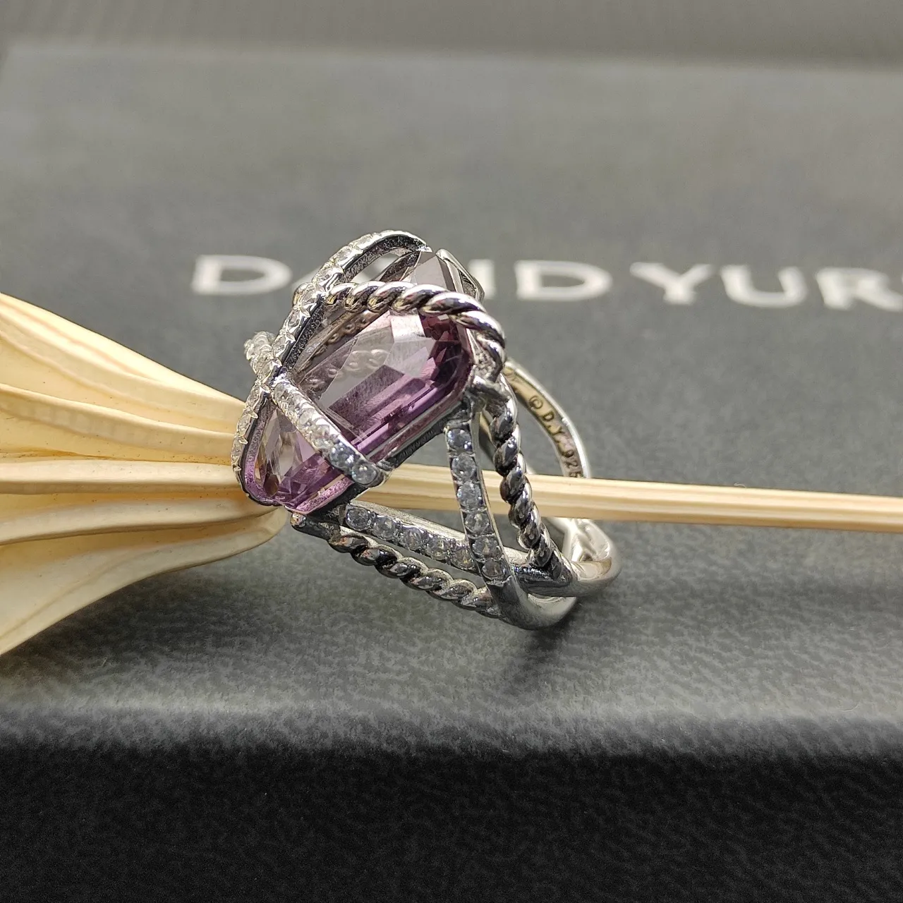 Faceted Purple Gemstone Crisscross Diamond Rope Motif Ring 3