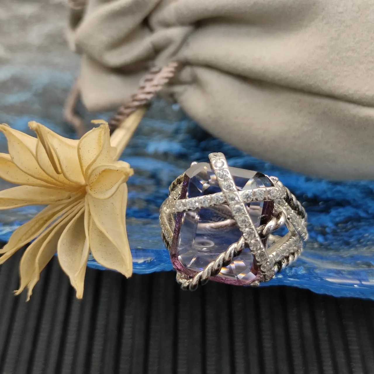 Faceted Purple Gemstone Crisscross Diamond Rope Motif Ring 6