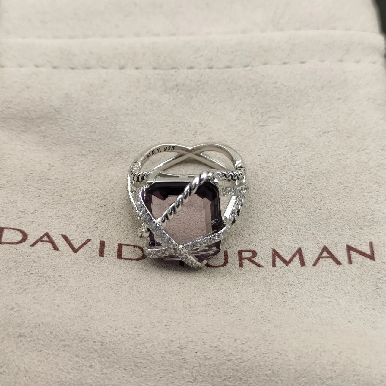 Faceted Purple Gemstone Crisscross Diamond Rope Motif Ring 8