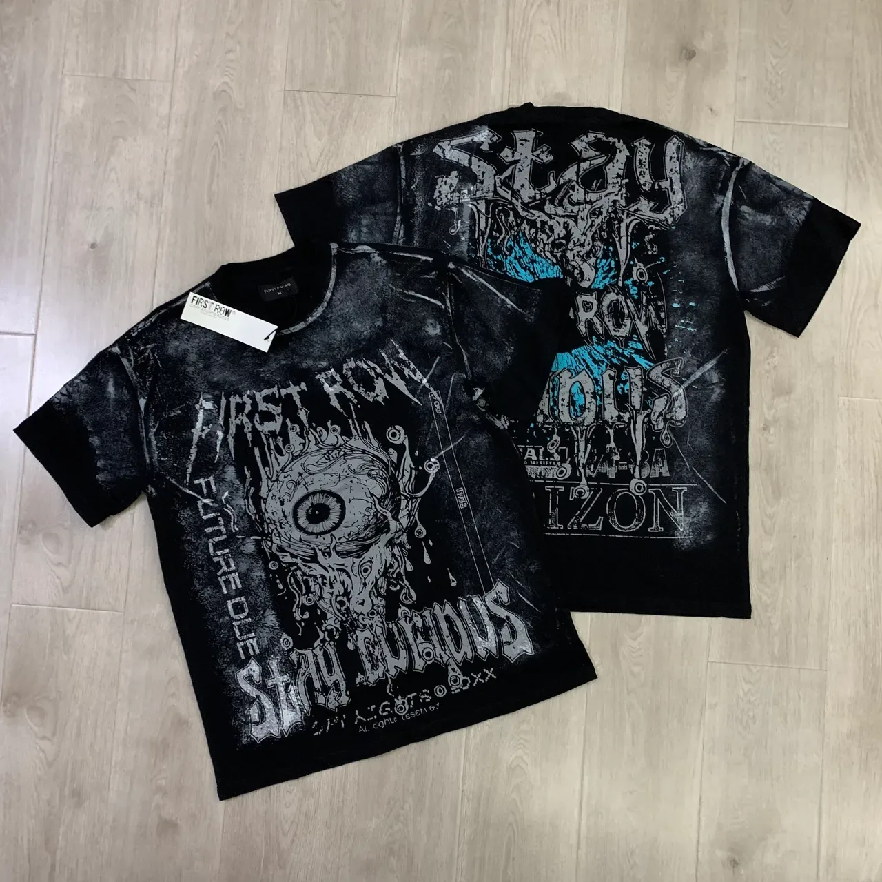 FIRST ROW Graphic-Print Distressed Black T-Shirt 4
