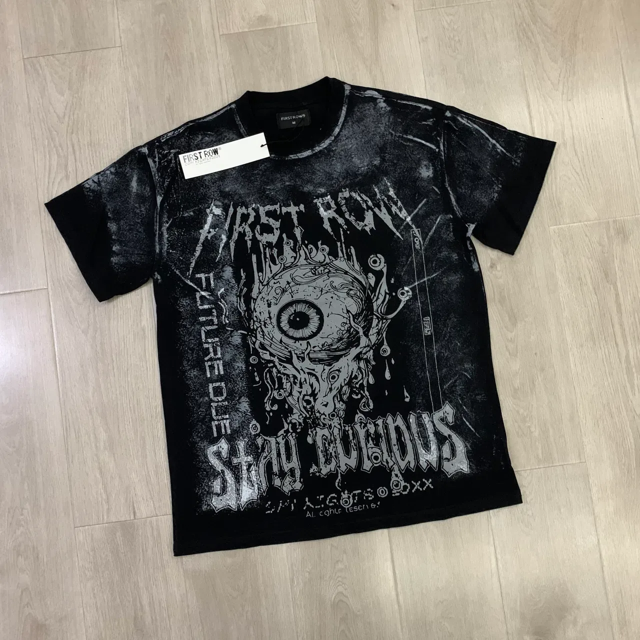 FIRST ROW Graphic-Print Distressed Black T-Shirt 5