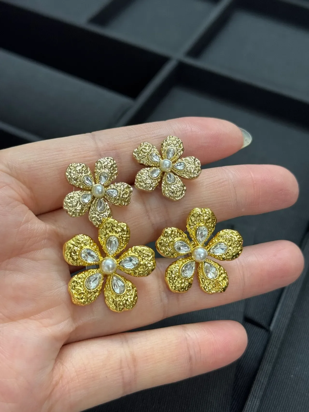 Floral Textured Gold-Tone Pearl and Crystal Stud Earrings 2