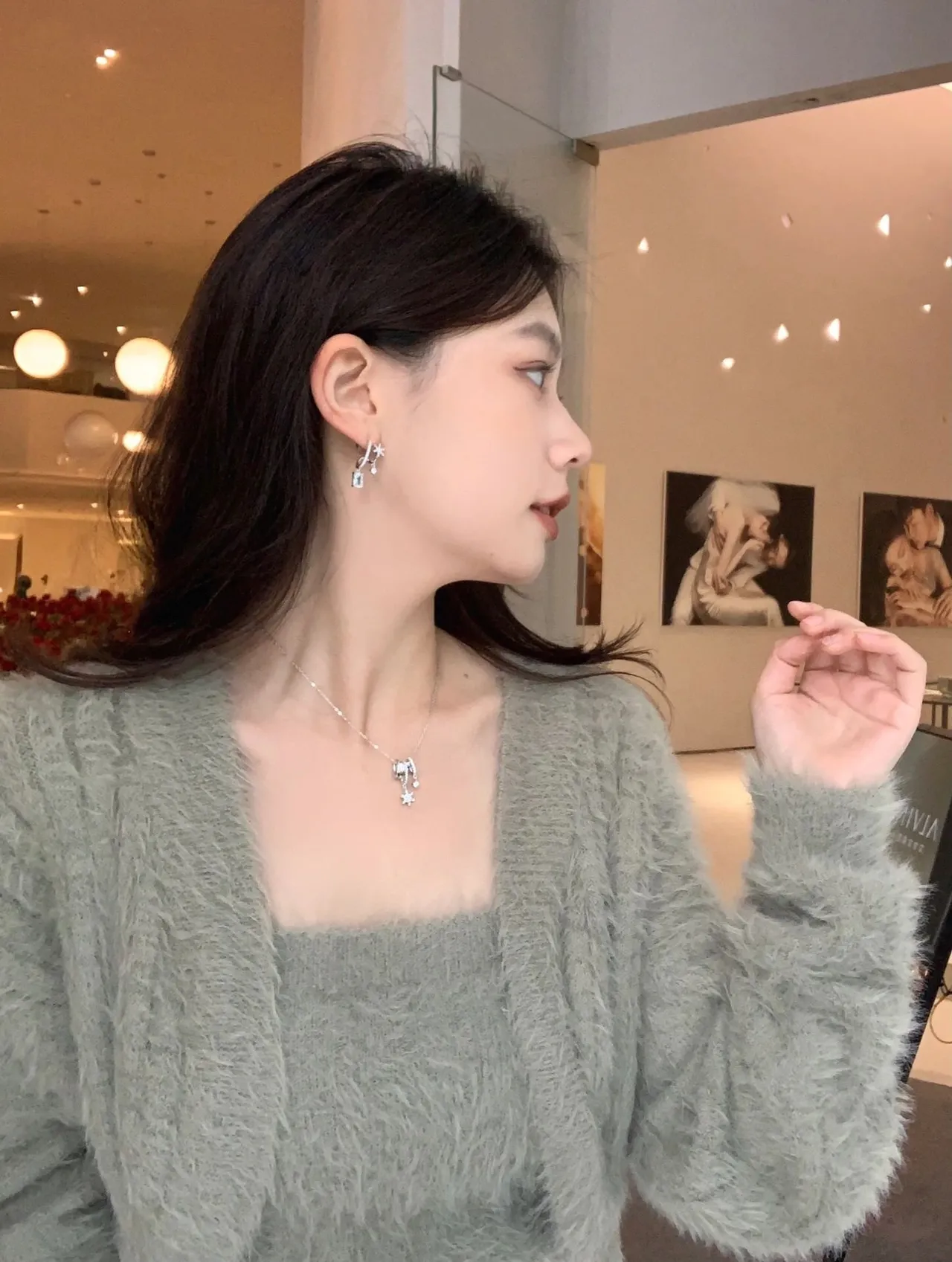蓬松鼠尾草绿色前开襟针织开衫 2