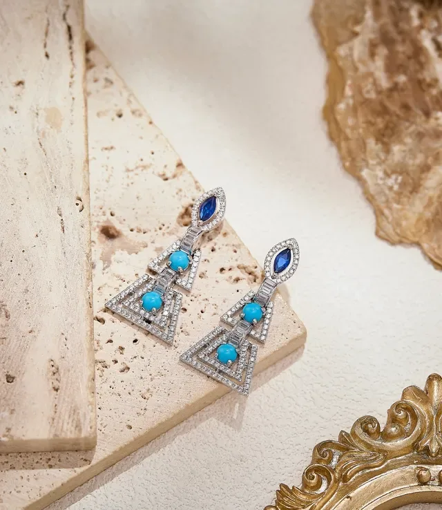 Geometric Triangular Pavé Diamond and Turquoise Drop Earrings 5