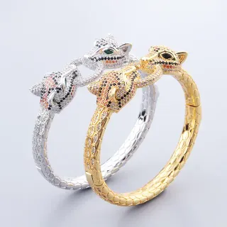 Gold and Silver Animal-Head Pavé Stone Snake-Scale Bangle Bracelets