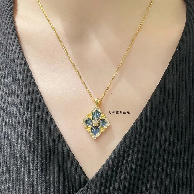 Gold Blue Floral Pendant Enamel Center Necklace 8