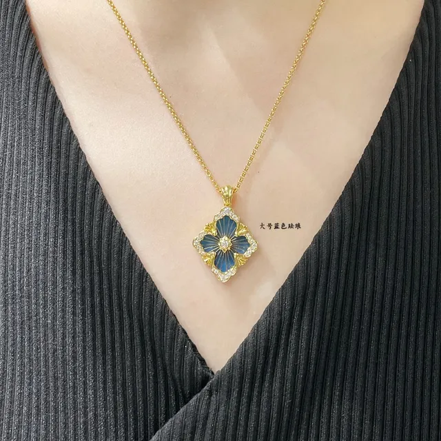Gold Blue Floral Pendant Enamel Center Necklace 9