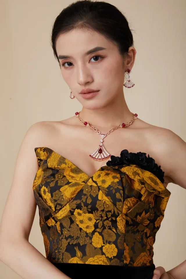 Gold Fan-Shaped Pavé Gemstone Earrings 2
