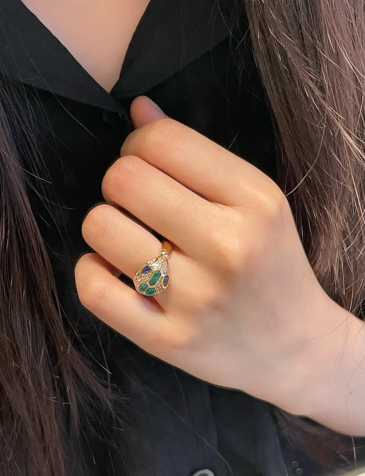 Gold Green Snakehead-Inspired Motif Pavé-Set Diamonds Ring 8