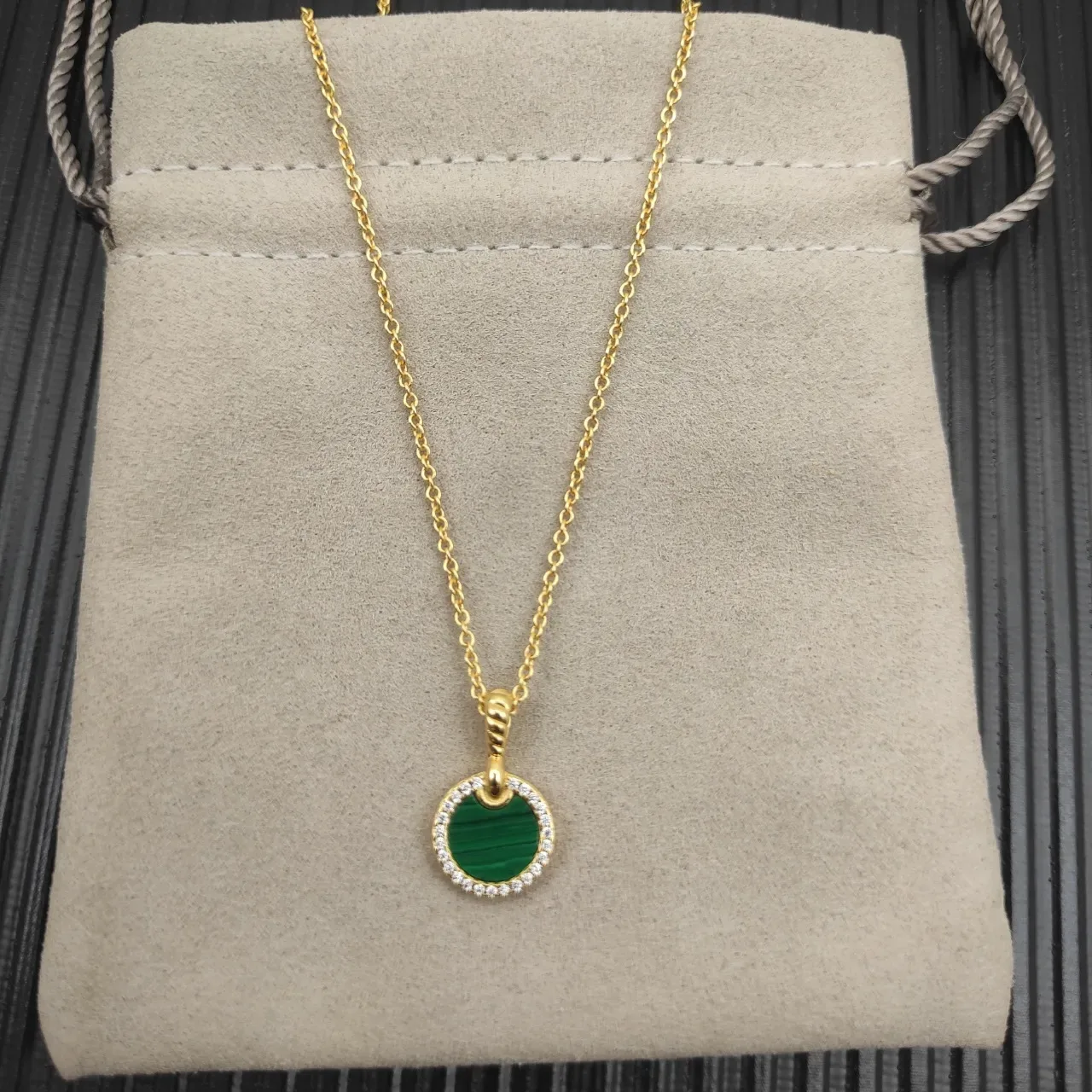 Gold Malachite Diamond Halo Pendant Necklace 8